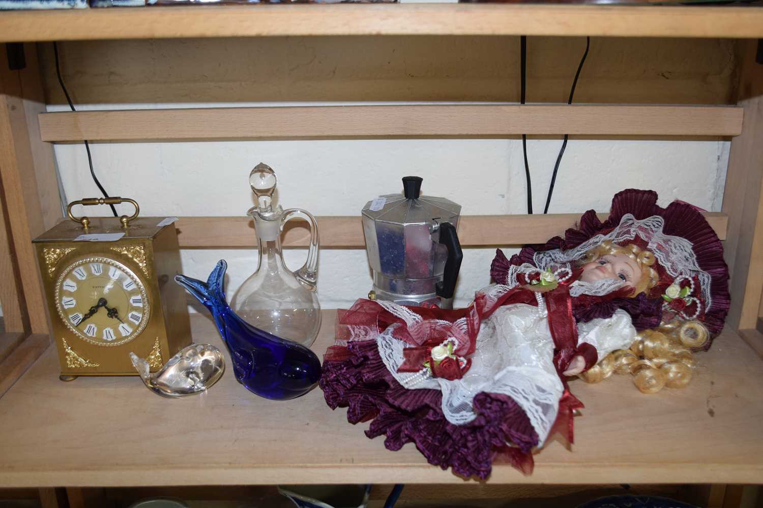 Mixed Lot: Porcelain headed doll,mantel clock and other assorted items