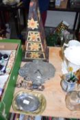 Mixed Lot: Small wooden triangular table top chest together with a wall clock, model motorcycle etc