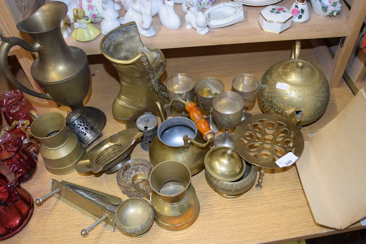 Mixed Lot: Various assorted brass and silver plated wares to include large model boot, kettle,