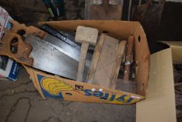 Box of various assorted saws and other tools