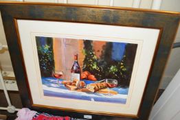 Framed picture of a dining scene, signed at bottom right M J Sanders