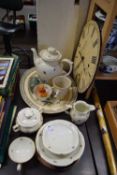 Mixed Lot: Continental floral decorated tea wares, wall clock, meat plate and other items