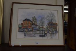 Contemporary watercolour, Beccles street scene together with a framed photograph Alms Houses,