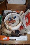 Box of various mixed items to include assorted metal weights, jardiniere, model boat etc