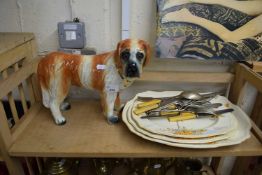 Mixed Lot: Silver plated cutlery, meat plates and a pottery model dog