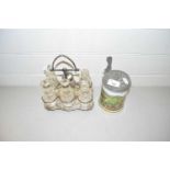 Silver plated cruet with glass bottles together with a Franklin porcelain pewter lidded tankard