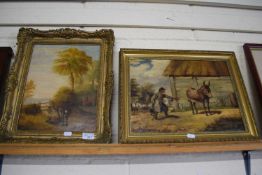19th Century school, two studies, donkey in a gateway and donkey being offered carrotts, one bearing