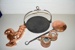 Mixed Lot: Antique iron griddle together with a small copper spirit kettle, a chestnut roaster and a