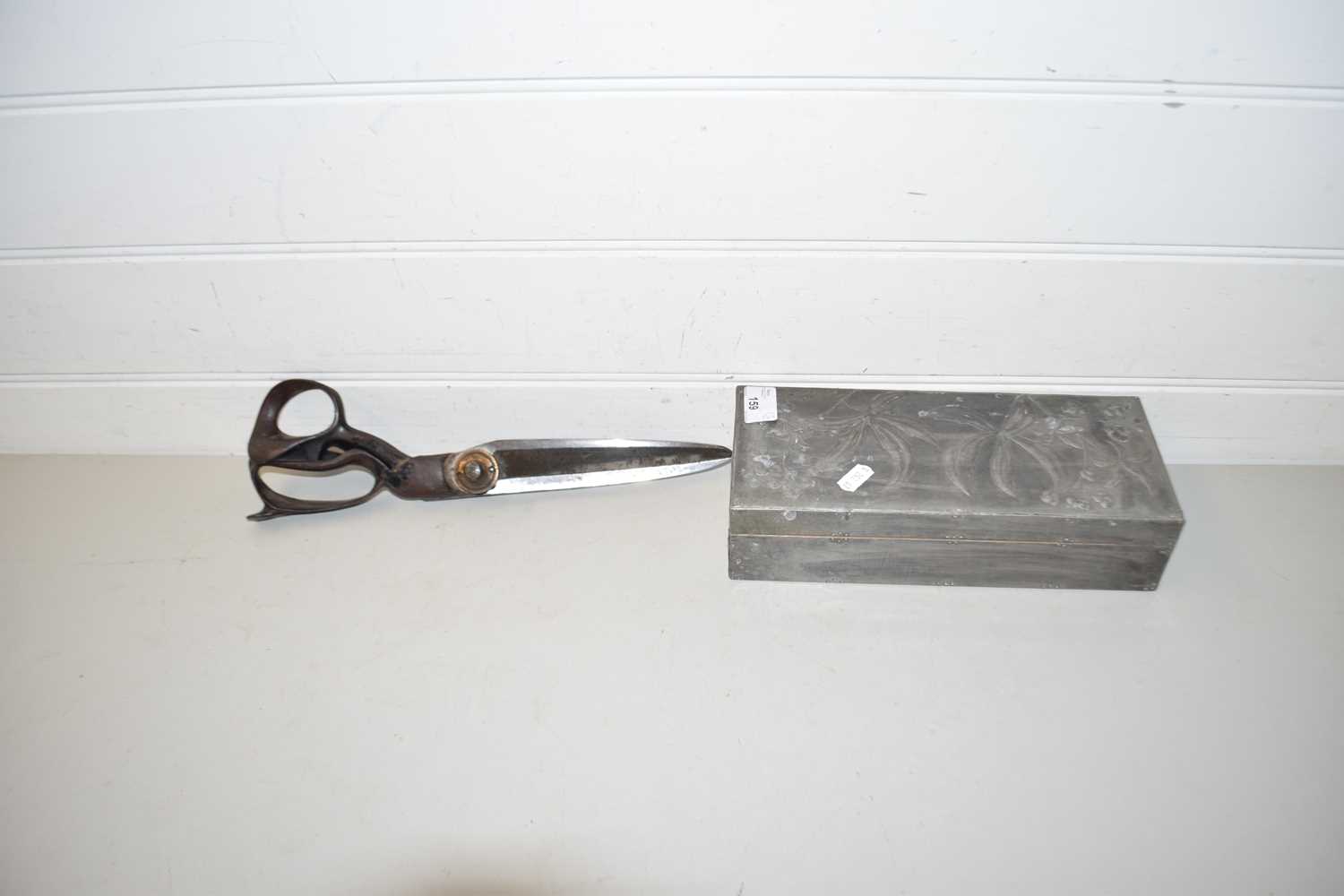 Large pair of vintage dress making scissors together with a pewter mounted box (2)