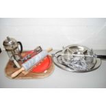 Mixed Lot: Various steel kitchen wares, rolling pin, coffee percolator etc