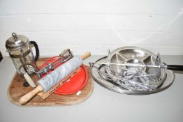 Mixed Lot: Various steel kitchen wares, rolling pin, coffee percolator etc