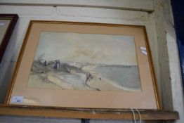 19th Century school watercolour study of figures on cliffs and beach, unsigned, framed and glazed