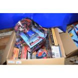 Box of Spiderman toys to include Sticker Extravaganza, Web Launch game, jigsaw puzzle etc
