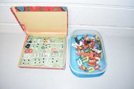 A cased set of die cast toy road signs and a box of plastic Indians