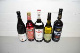 Five bottles of various wines and spirits to include Chateauneuf-du-Pape 1997, Pimms, Captain Morgan