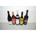Five bottles of various wines and spirits to include Chateauneuf-du-Pape 1997, Pimms, Captain Morgan