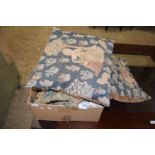 Box of various cushions, table linen etc