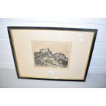 Jacque study of rural cottages with chickens and sheep, etching, framed and glazed
