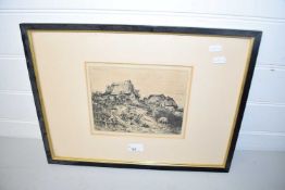 Jacque study of rural cottages with chickens and sheep, etching, framed and glazed