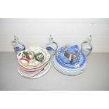 Mixed Lot: Various decorated plates, small delft spirit bottles etc