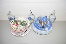 Mixed Lot: Various decorated plates, small delft spirit bottles etc