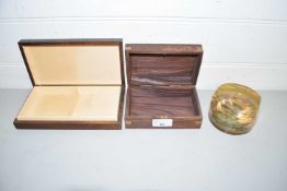 Two wooden cases together with a resin crab paperweight