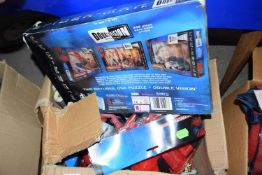 A box of various assorted Spiderman toys to include 3d jigsaw puzzle, protector set, double vision