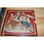 Antique tapestry picture, two musical figures