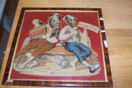 Antique tapestry picture, two musical figures