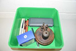 Box of various vintage pens, ink,turned wooden ink stand etc