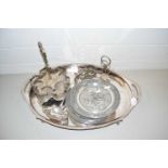 Mixed Lot: Large oval silver plated serving tray, cruet stand, pewter wall plate etc