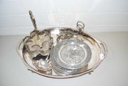 Mixed Lot: Large oval silver plated serving tray, cruet stand, pewter wall plate etc