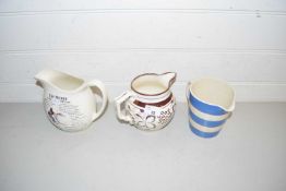 TGGreen Cornish ware jug, a Victorian lustre jug and a further modern whisky jug