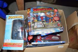 Box of various Spiderman related items to include Super Showdown Hero by Marvel, Extreme Cycle,