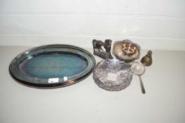 Mixed Lot: Silver plated serving dishes, table bell, bronze finish model of a horse and other items