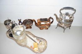 Mixed Lot: Silver plated spirit kettle, silver plated serving tray, copper lustre teapot and sugar