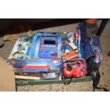 Box of various toys to include Spiderman, Kids Pad, Laboratory play set and other items