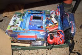 Box of various toys to include Spiderman, Kids Pad, Laboratory play set and other items