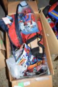 Box of various Spiderman related items to include back pack, ceramic mug, pencil set and many