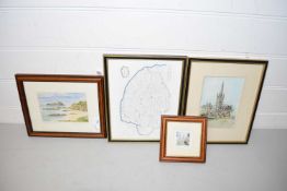 Mixed Lot: Coloured prints, map of Norfolk, Norwich Cathedral, Ely Cathedral etc (4)