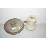 Covered pottery dish marked Made in Cley and a further covered jug