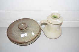 Covered pottery dish marked Made in Cley and a further covered jug