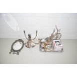 Mixed Lot: Various silver plated wares to include candleabra, small easel back mirror, plus a