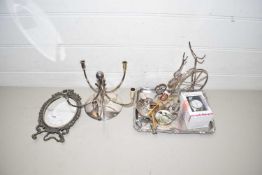 Mixed Lot: Various silver plated wares to include candleabra, small easel back mirror, plus a