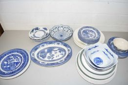 Mixed Lot: Various Willow pattern plates, bowls etc together with Crown Ducal gay meadow pattern