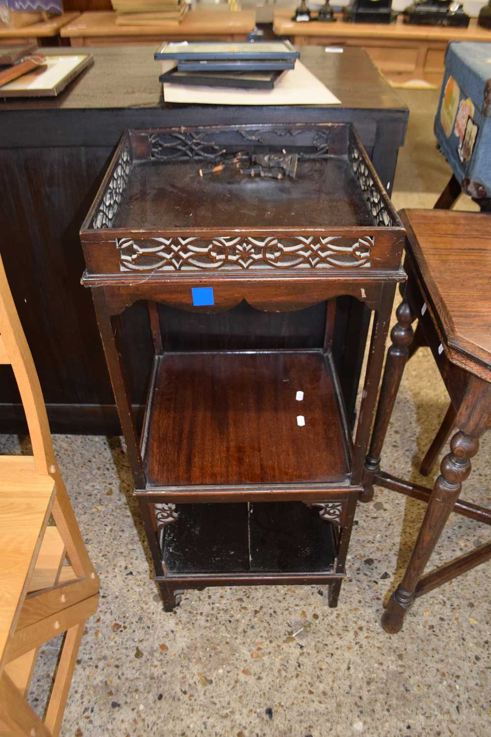 Mahogany square side cabinet with galleried fret work top and two shelves beneath