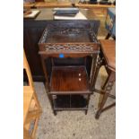 Mahogany square side cabinet with galleried fret work top and two shelves beneath