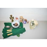 Mixed Lot: Royal Doulton Bunnykins plate and bowl, porcelain figure, cutlery, printing blocks and