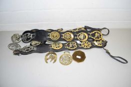 Collection of various horse brasses on leather backing