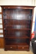 Modern dark wood open front bookcase cabinet with adjustable shelves and two drawers to base